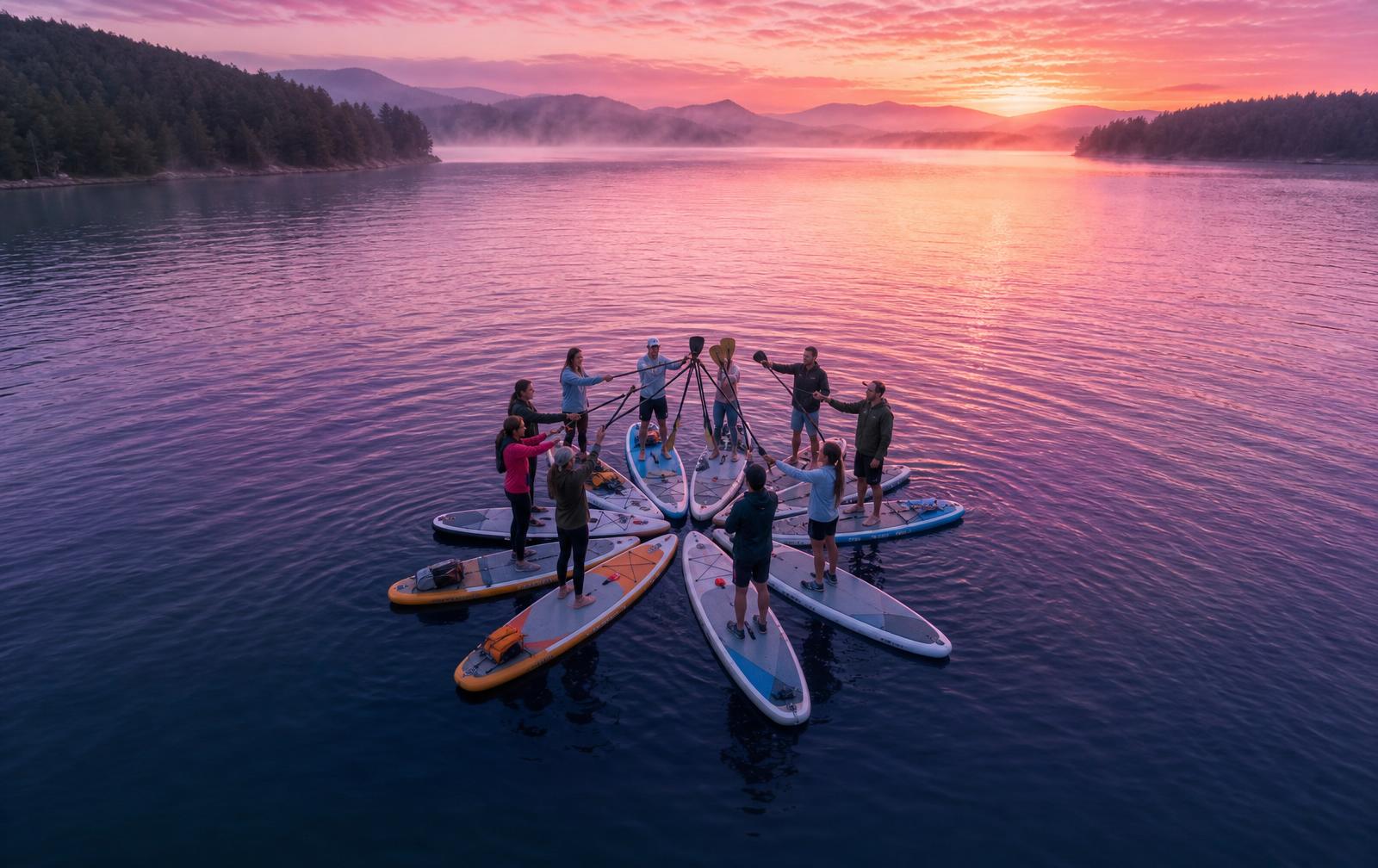 Vista aérea de un equipo de diez personas sobre tablas de paddle formando un círculo sobre el agua al amanecer, remos unidos en el centro
