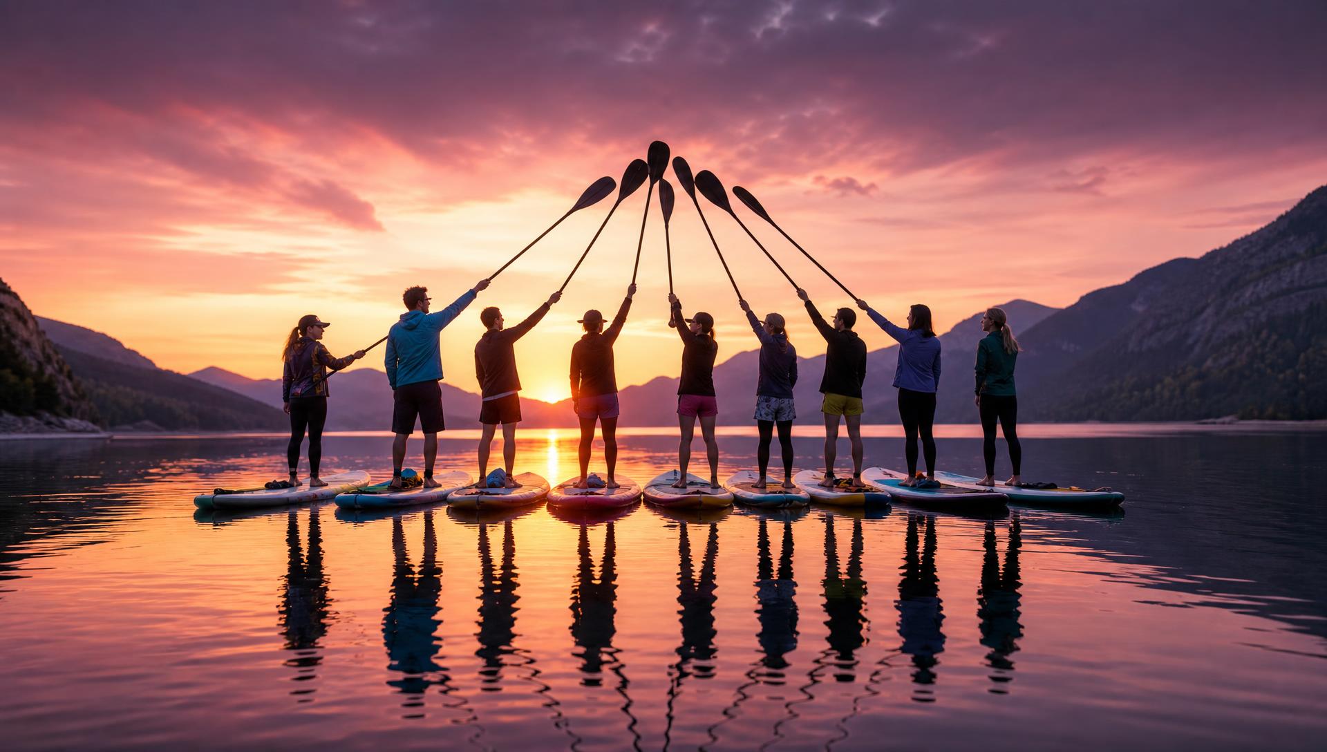 Equipo de diez personas sobre tablas de paddle con remos levantados al amanecer